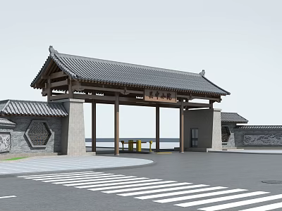 Traditional Chinese Gate with Classic Tile Roof Wooden Beams and Stone Wall Decor 3d model