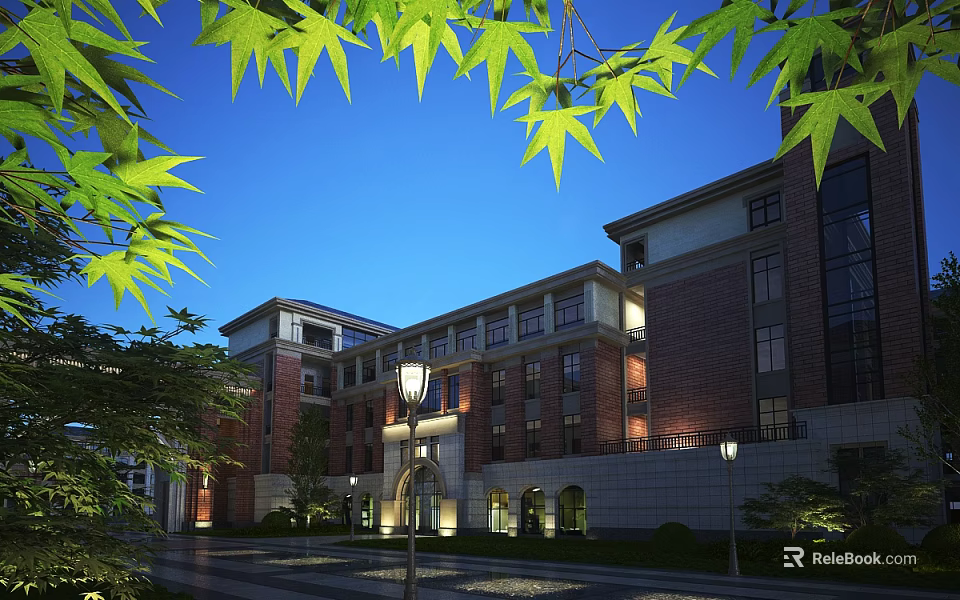 Red Brick School Building With Arched Doors Green Trees And Street Lamps Under Blue Sky 3d model 