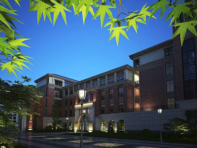 Red Brick School Building With Arched Doors Green Trees And Street Lamps Under Blue Sky 3d model