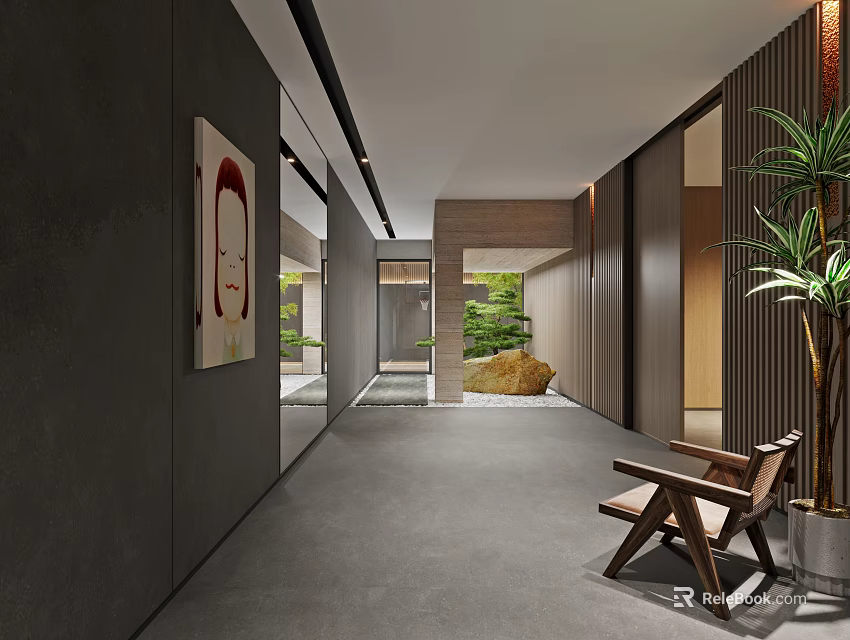 Modern Hallway Interior Design With Gray Walls Wooden Chair Green Plants And Courtyard View 3d model 