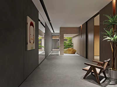 Modern Hallway Interior Design With Gray Walls Wooden Chair Green Plants And Courtyard View 3d model