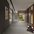 Modern Hallway Interior Design With Gray Walls Wooden Chair Green Plants And Courtyard View