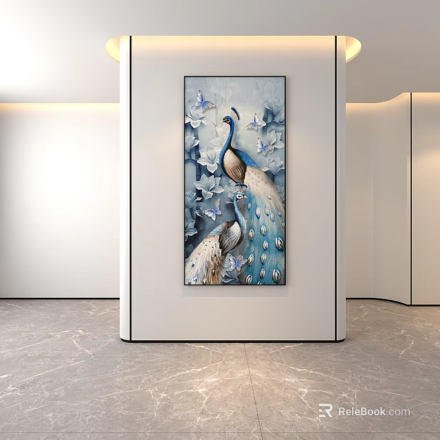 Elegant Peacock Animal Painting With Butterflies For Modern Interior Wall Decor 3d model 