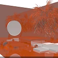 Orange Themed Display Setup With Circular Decor Stepped Platforms Sphere And Palm Leaves 3d model