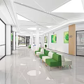 Modern Public Service Hall Interior With Green White Seats Display Screens And Large Windows