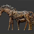 Hand Carved Wooden Horse Sculptures With Two Standing Artistic Textured Design