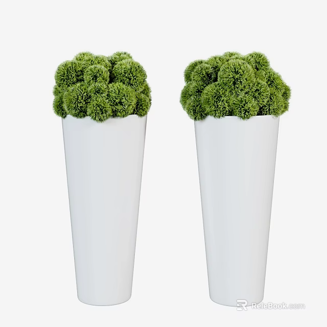 Two White Conical Pots With Green Spherical Decorative Bonsai Plants 3d model