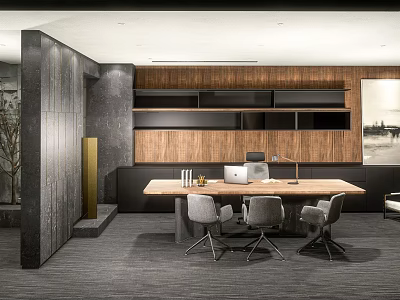 Open Modern Office Interior With Wooden Wall Black Shelves Long Desk Gray Chairs Laptop Lamp 3d model