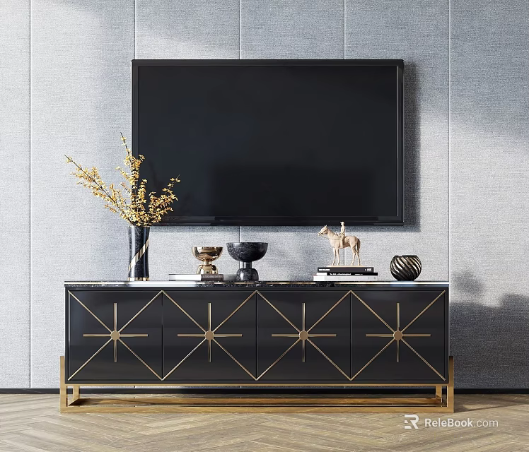 Black TV Stand With Gold Star Patterns TV Mounted Above Decorative Vase Deer And Books 3d model 