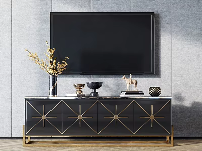 Black TV Stand With Gold Star Patterns TV Mounted Above Decorative Vase Deer And Books 3d model