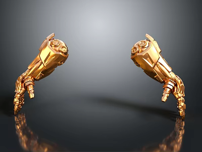 Golden Mechanical Arms 3D Rendered on Black Surface with Reflective Details 3d model