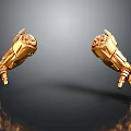 Golden Mechanical Arms 3D Rendered on Black Surface with Reflective Details