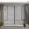 Gray Curtains In Modern Interior With Slatted Window Panels And Green Plant