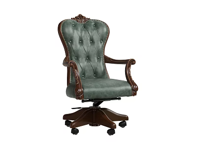 Classic Style Office Chair with Green Leather Tufted Back and Carved Wooden Arms 3d model