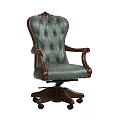 Classic Style Office Chair with Green Leather Tufted Back and Carved Wooden Arms