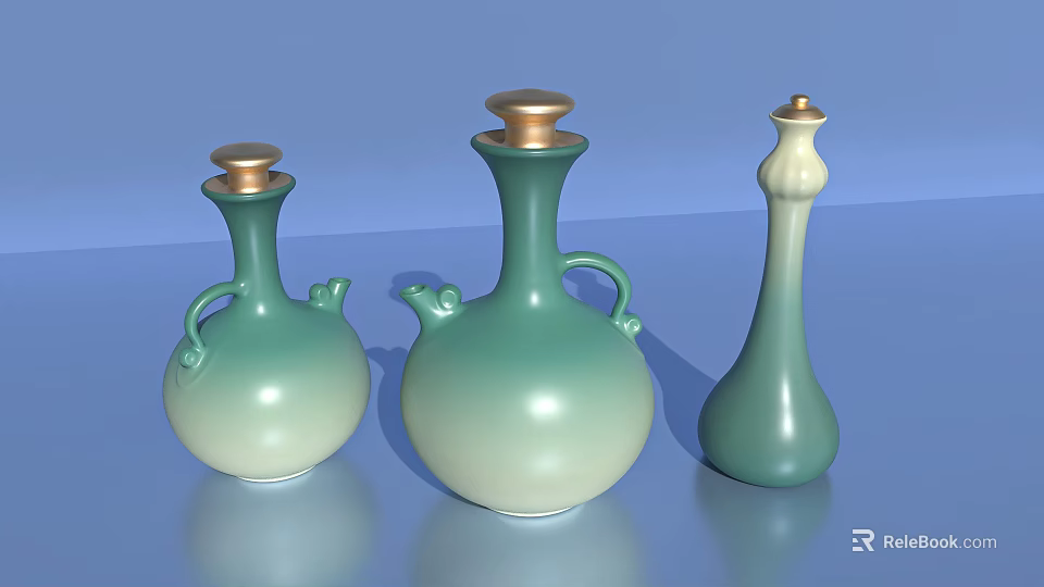 Gradient Green Ceramic Vessels with Golden Lids and Distinct Shapes for Home Decor 3d model 