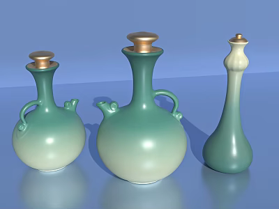 Gradient Green Ceramic Vessels with Golden Lids and Distinct Shapes for Home Decor 3d model