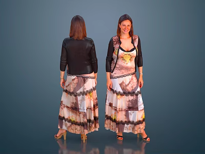 Woman In Patterned Long Dress With Black Jacket Front And Back View 3d model