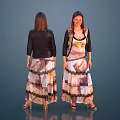 Woman In Patterned Long Dress With Black Jacket Front And Back View