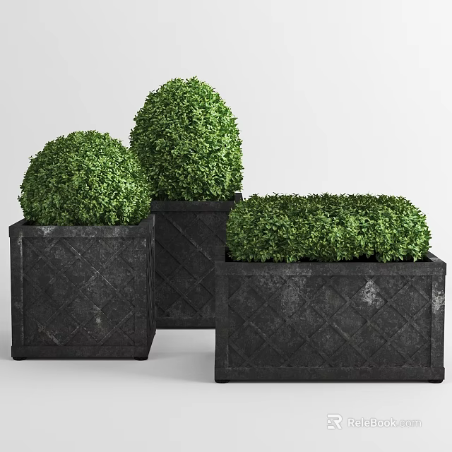 Green Spherical Potted Topiary Plants With Black Square Diamond Patterned Planters 3d model 