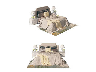 Modern Double Bed Interior With Bedside Tables Lamps Pillows And Throw Blanket 3d model