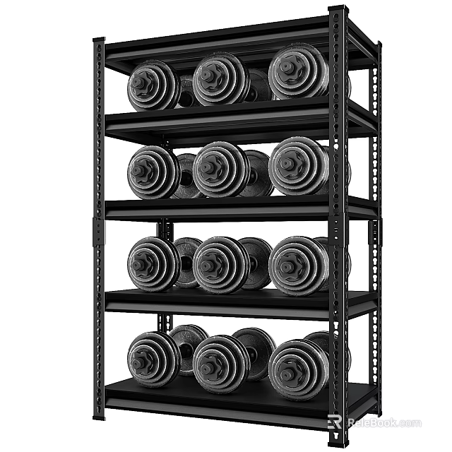 Black Metal Storage Shelf With Multiple Layers Storing Fitness Equipment Dumbbells 3d model 