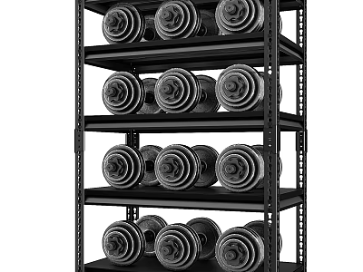Black Metal Storage Shelf With Multiple Layers Storing Fitness Equipment Dumbbells 3d model