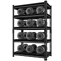 Black Metal Storage Shelf With Multiple Layers Storing Fitness Equipment Dumbbells