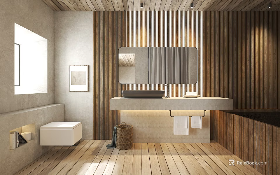 Modern Hotel Bathroom Interior With Wooden Walls Flooring Counter Sink Large Mirror And Natural Light 3d model 