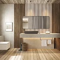 Modern Hotel Bathroom Interior With Wooden Walls Flooring Counter Sink Large Mirror And Natural Light