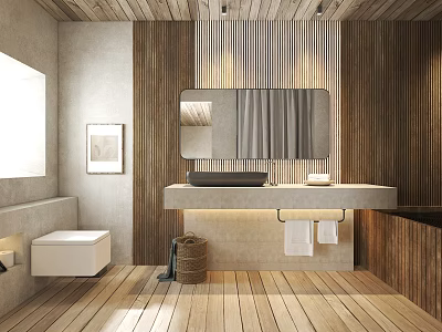 Modern Hotel Bathroom Interior With Wooden Walls Flooring Counter Sink Large Mirror And Natural Light 3d model