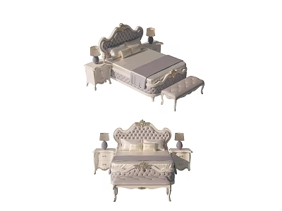 Elegant Double Bed with Carved Headboard Bedside Tables Table Lamps Footstool and Decorative Bedding 3d model