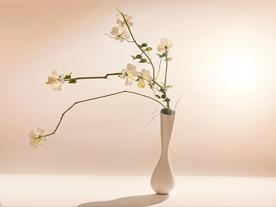 White Ceramic Vase With White Flowers And Green Leaves On Soft Light Minimalist Surface 3d model