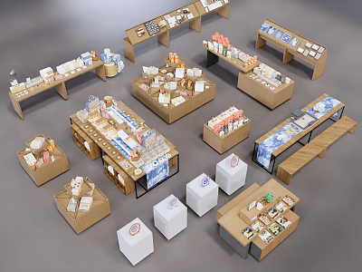 Various Styles Wooden Display Shelves With Different Shapes For Retail Product 3d model