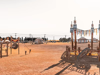 Traditional Mongolian Yurt Camp On Grassland With Colorful Wooden Decorative Structures 3d model