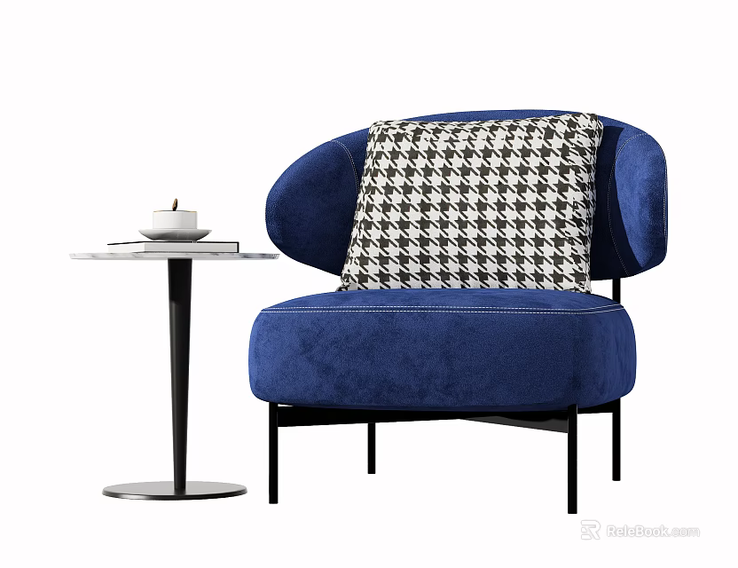 Blue Velvet Single Sofa With Houndstooth Pattern Pillow And Side Table Teacup Book 3d model