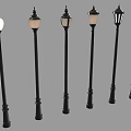 Black Pole Outdoor Street Lights With Various Classic Lampshades And Decorative Design Elements