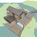Detached Waterfront Villa With Wooden Structure Glass Elements Outdoor Deck And Boat Among Palm Trees