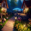 Cartoon Scenery With Fairy Tale Cottages Red Roofs Forest Garden Flowers Stone Path And Lanterns