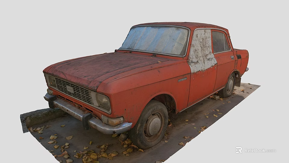 Red Old Rusty Abandoned Car With Dusty Surface And Fallen Leaves Parked Outdoors 3d model 