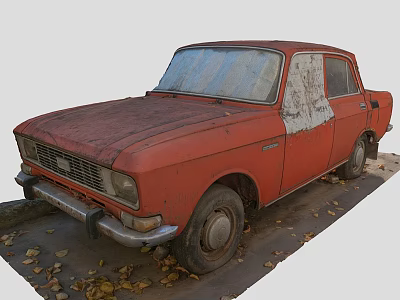 Red Old Rusty Abandoned Car With Dusty Surface And Fallen Leaves Parked Outdoors 3d model