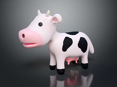 Cartoon Style Cow Toy With White Body Black Spots Pink Nose And Black Hooves 3d model