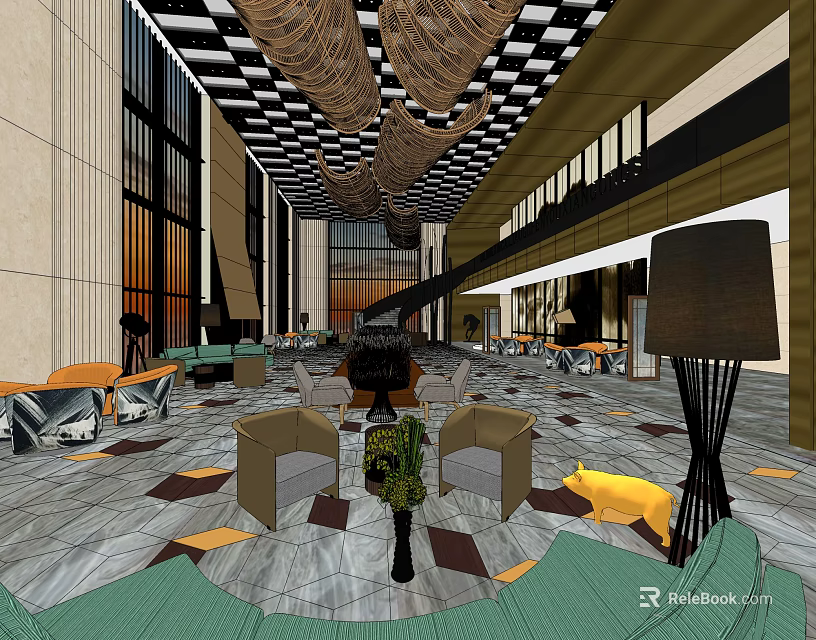 Modern Sales Office Interior With Spacious Layout Geometric Floor Pattern Hanging Decorations And Furniture 3d model 