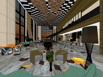 Modern Sales Office Interior With Spacious Layout Geometric Floor Pattern Hanging Decorations And Furniture 3d model