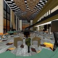Modern Sales Office Interior With Spacious Layout Geometric Floor Pattern Hanging Decorations And Furniture