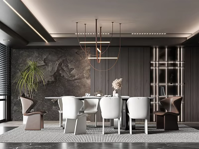 Modern Restaurant Interior Design With Dining Table White Chairs Hanging Pendant Lights And Green Plant 3d model
