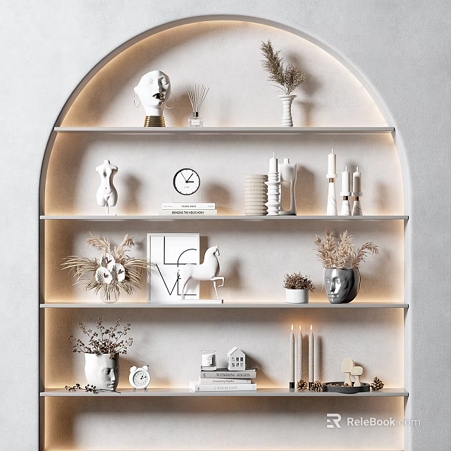 Ornamental Decor Combination on Arched Shelves Minimalist Modern with Sculptures Clock Plants Books Warm Lighting 3d model 