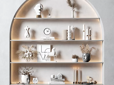 Ornamental Decor Combination on Arched Shelves Minimalist Modern with Sculptures Clock Plants Books Warm Lighting 3d model