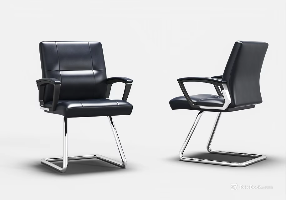 Black Leather Office Chair With Armrests And Contemporary Chrome Metal Frame 3d model 