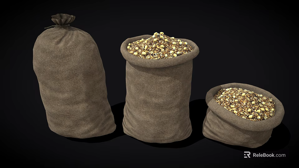 Three Different Sizes Burlap Sacks Filled With Corn Kernels For Household Storage 3d model 